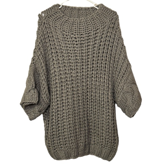POL Oversized Round Neck Knit Sweater with Woven Placket Detail